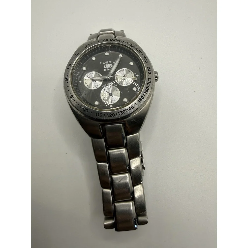 Fossil Blue BQ-9066 Men's Stainless Steel Sport Watch Tachymeter‎ 100M Quartz